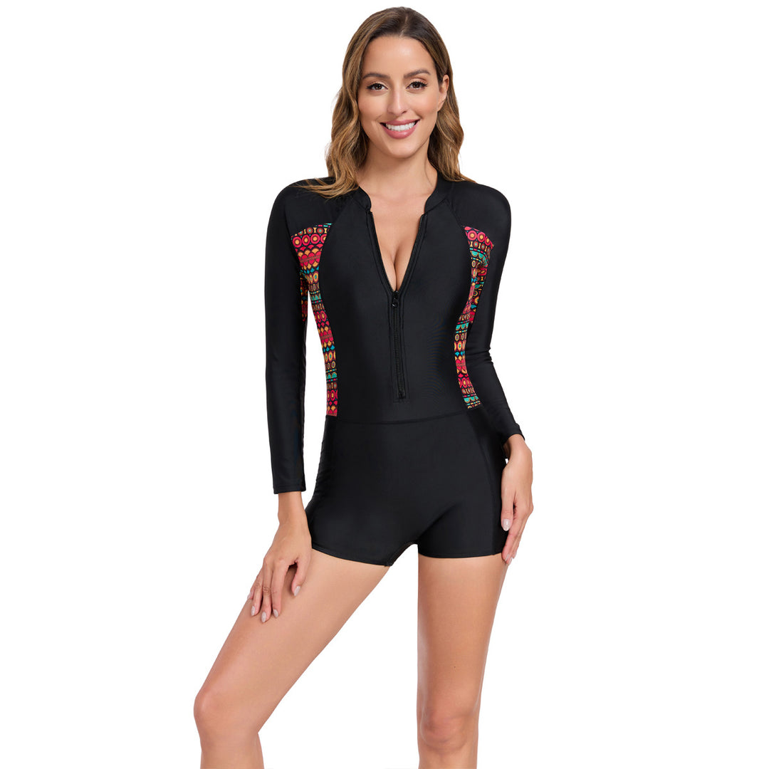 Damen Sportlicher Langarm-Badeanzug mit buntem Design EB