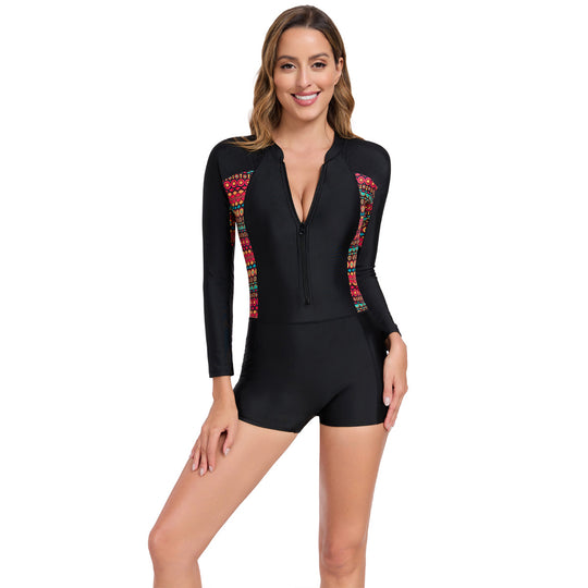 Damen Sportlicher Langarm-Badeanzug mit buntem Design EB