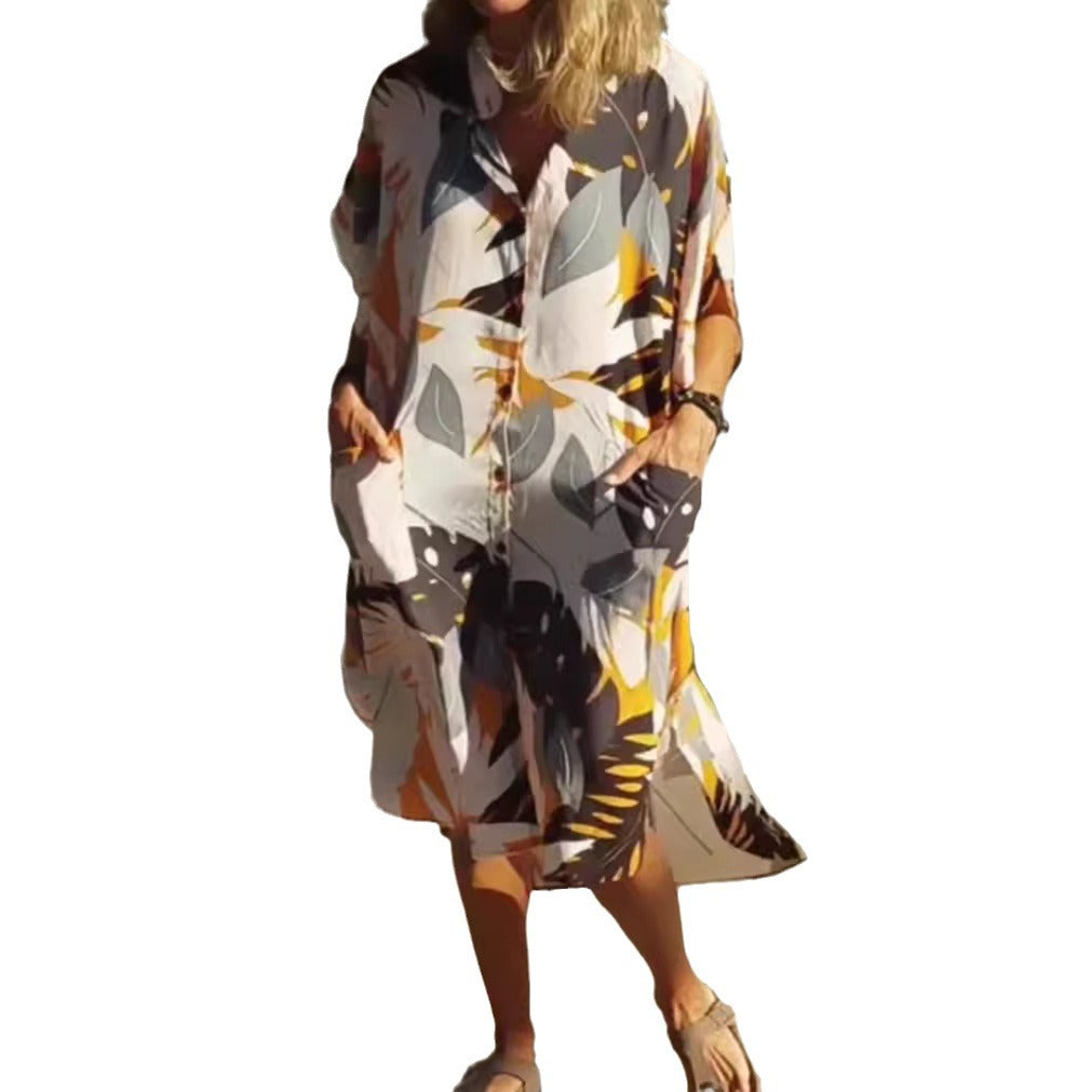 Damen Hemdblusenkleid im modischen Leaf-Design mit praktischen Taschen Heidi-Mode