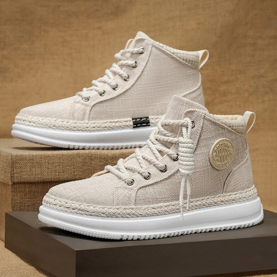 Damen hohe Freizeit‑Sneaker mit meliertem Textilobermaterial, geflochtener Jute‑Zierkante und gedämpfter Plateau‑Sohle EB