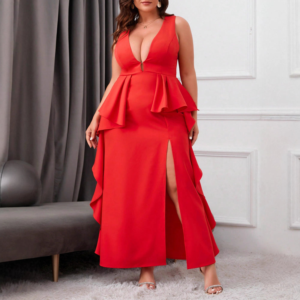 Damen Elegantes Abendkleid mit schwingendem Saum und tiefem V-Ausschnitt EB