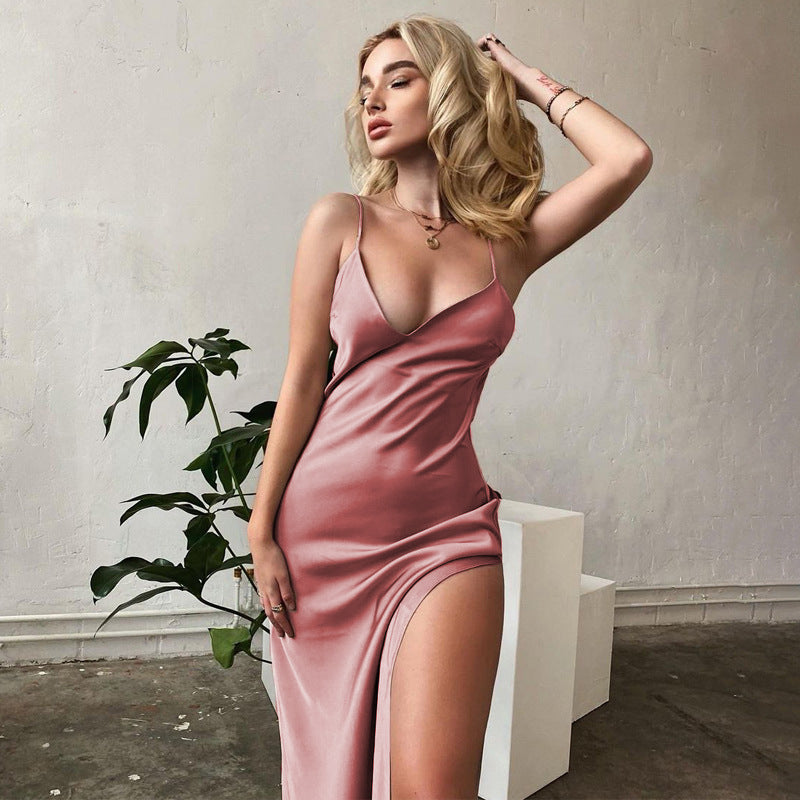 Damen elegantes Maxikleid mit tiefem Schlitz und zarten Spaghettiträgern EB