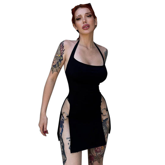 Damen sexy und modisches Halterkleid mit offenen Seiten und Ringelementen EB