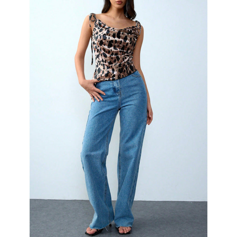 Damen Elegantes Leopardenmuster Spaghetti-Top mit gerafftem Detail EB