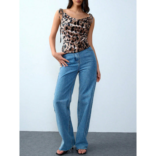 Damen Elegantes Leopardenmuster Spaghetti-Top mit gerafftem Detail EB