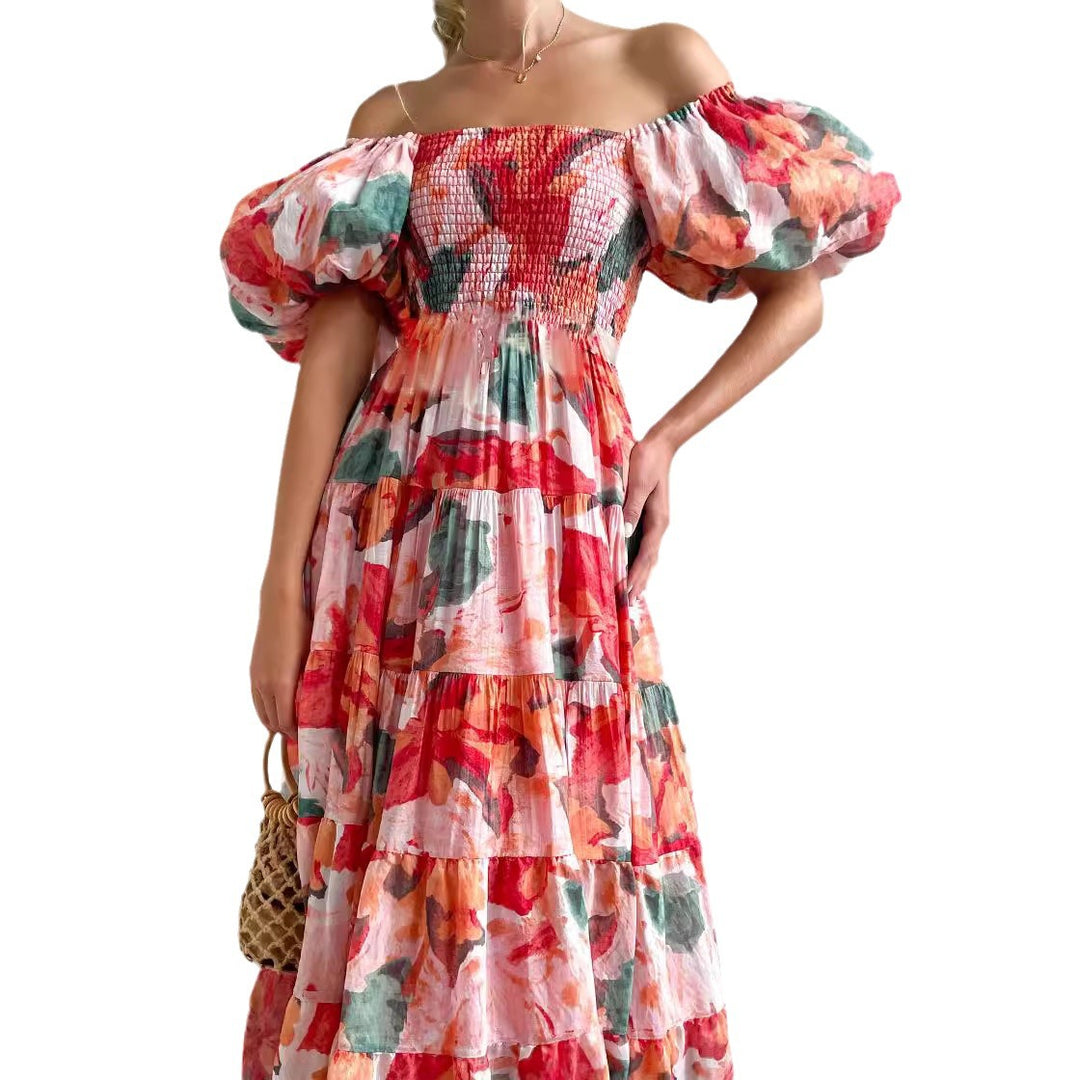 Damen Off-Shoulder Maxikleid mit voluminösen Puffärmeln EB