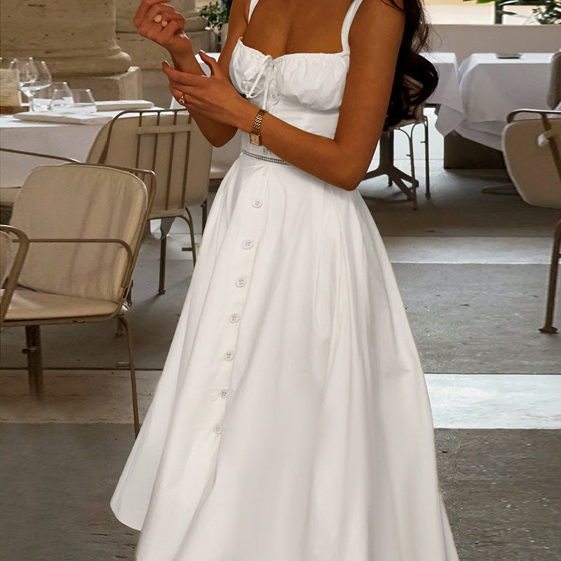 Damen langes Sommerkleid mit tailliertem Oberteil und eleganten Knopfdetails EB
