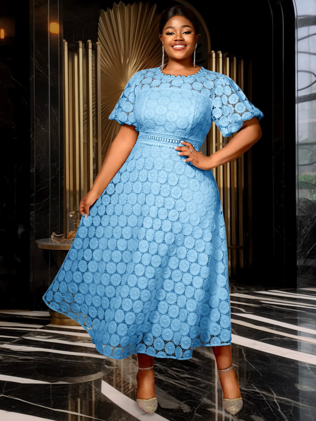 Damen Midi-Kleid mit eleganter Spitzenapplikation und Puffärmeln EB