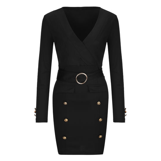 Damen Wickelkleid mit goldenen Knopfdetails und Taillengürtel EB