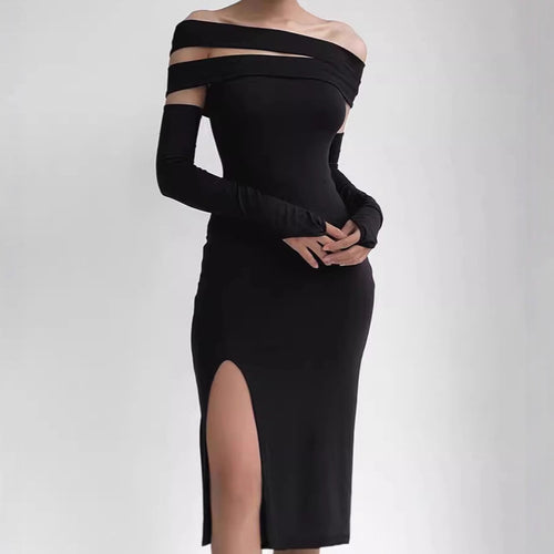 Damen Elegantes Maxikleid mit Off-Shoulder-Dekolleté und langem Schlitz EB