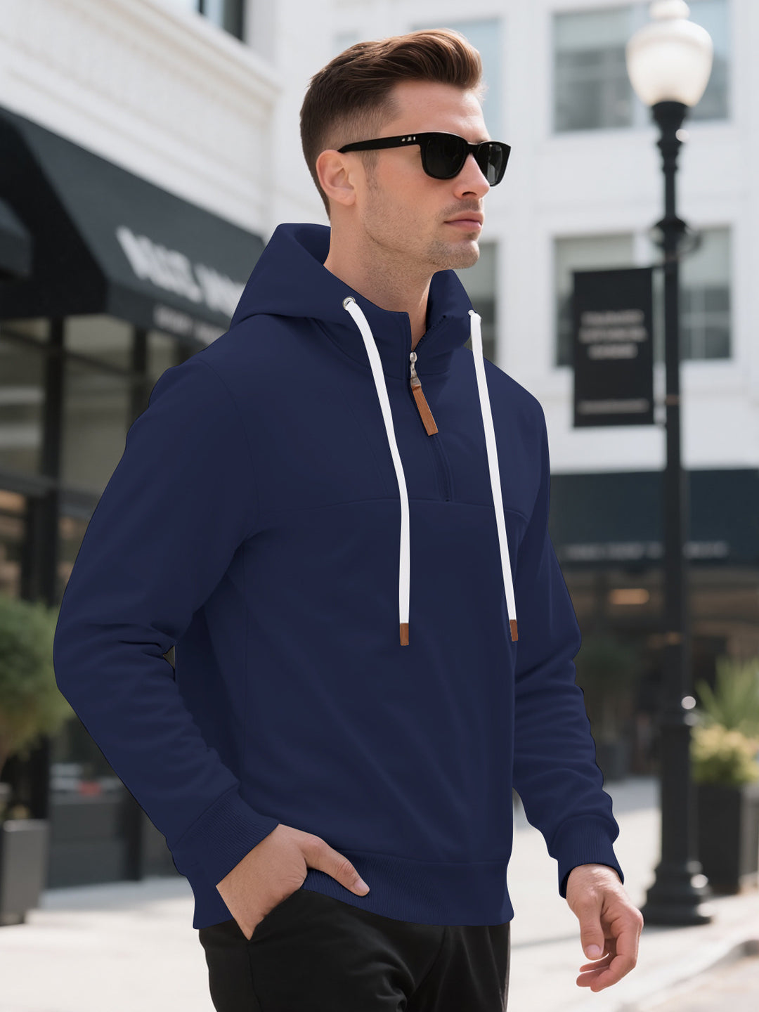 Herren Halbzip-Kapuzenpullover mit Stehkragen, Kordelzug und Lederdetails EB
