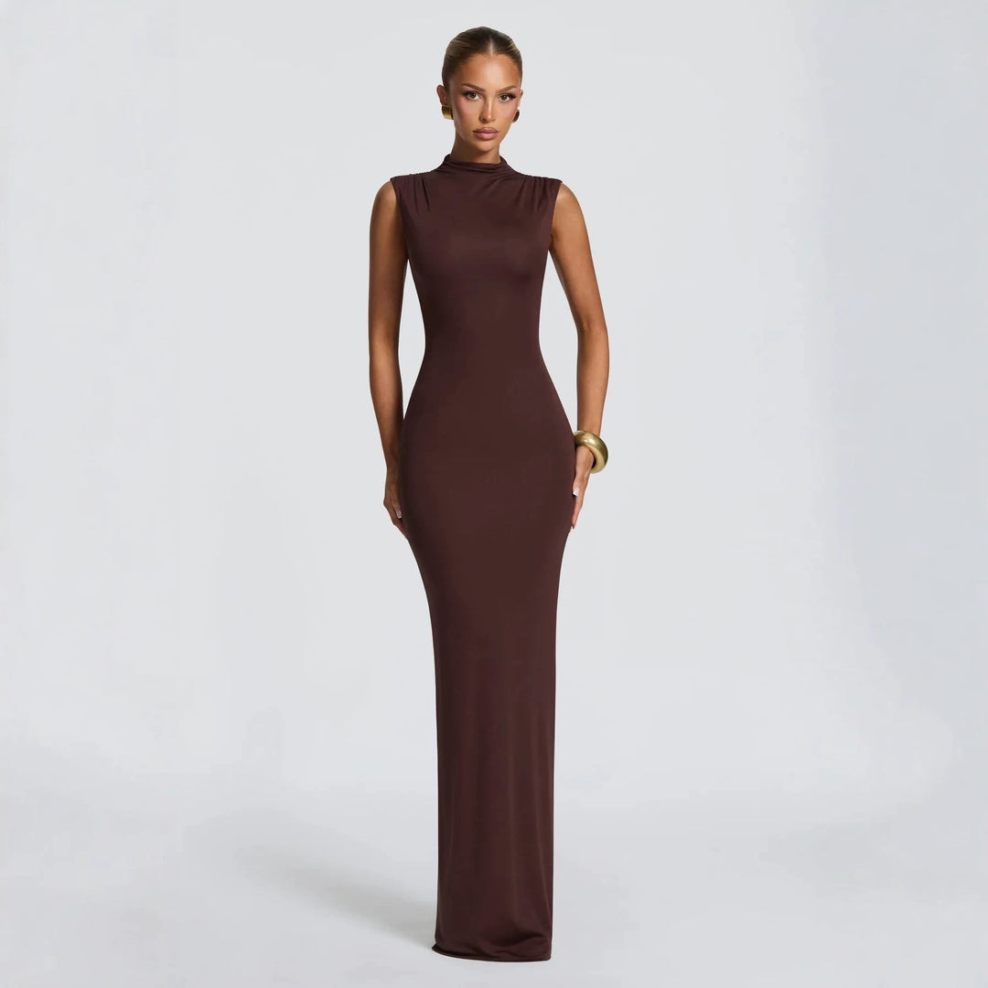 Damen Elegantes langes Kleid mit hohem Kragen und figurbetonter Silhouette EB