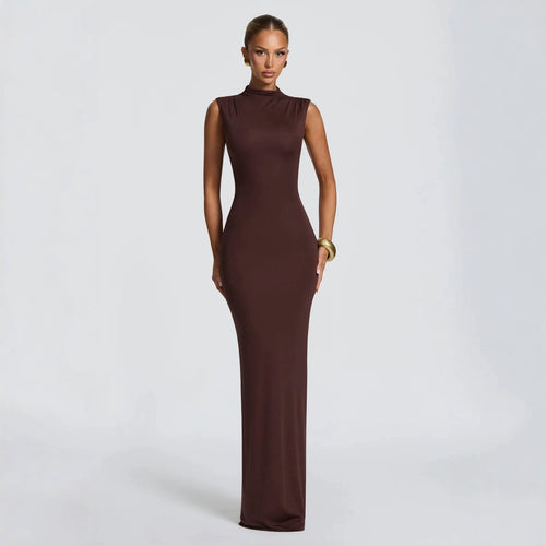 Damen Elegantes langes Kleid mit hohem Kragen und figurbetonter Silhouette EB