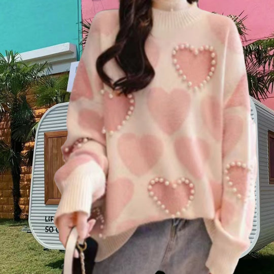 Damen Gemusterter Strickpullover mit Herz-Applikationen und Rippkragen EB