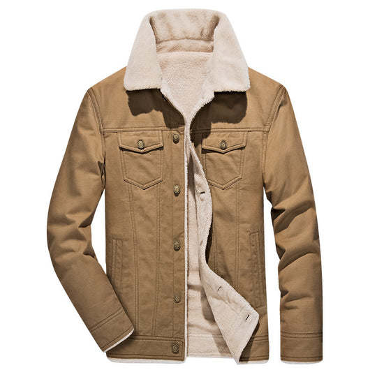 Herren Canvas-Truckerjacke mit durchgehendem Sherpa-Innenfutter und Umlegekragen EB