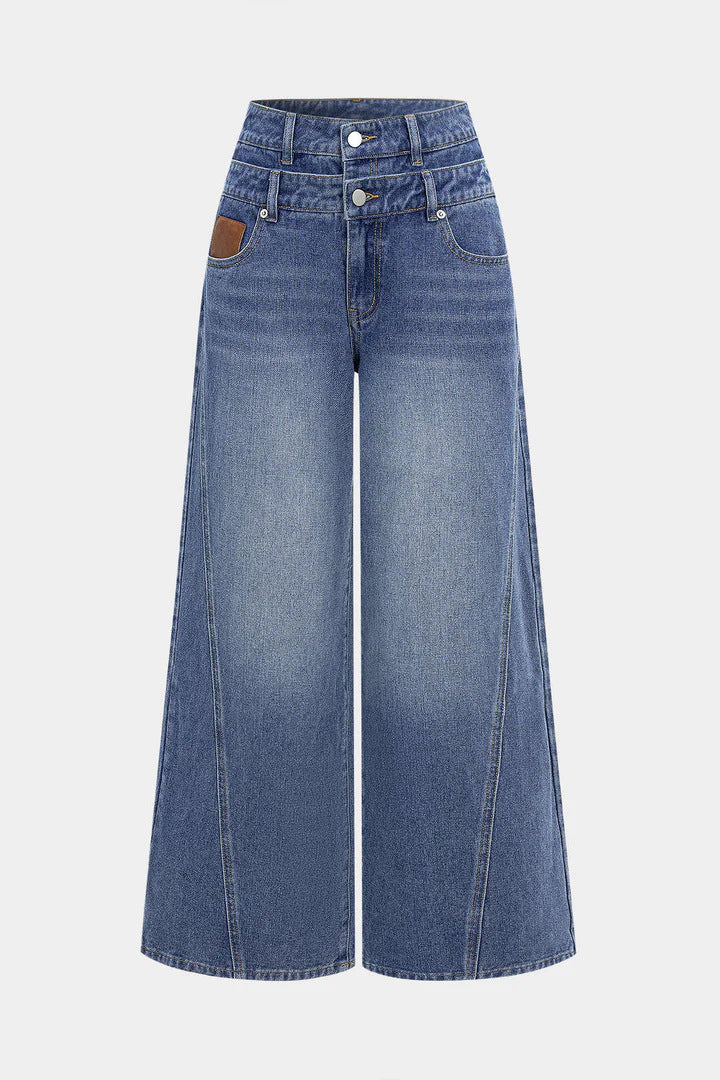 Damen nan hochgeschnittene Doppelbund-Jeansculotte mit weitem Cropped-Bein und sichtbaren Nahtpaneelen EB