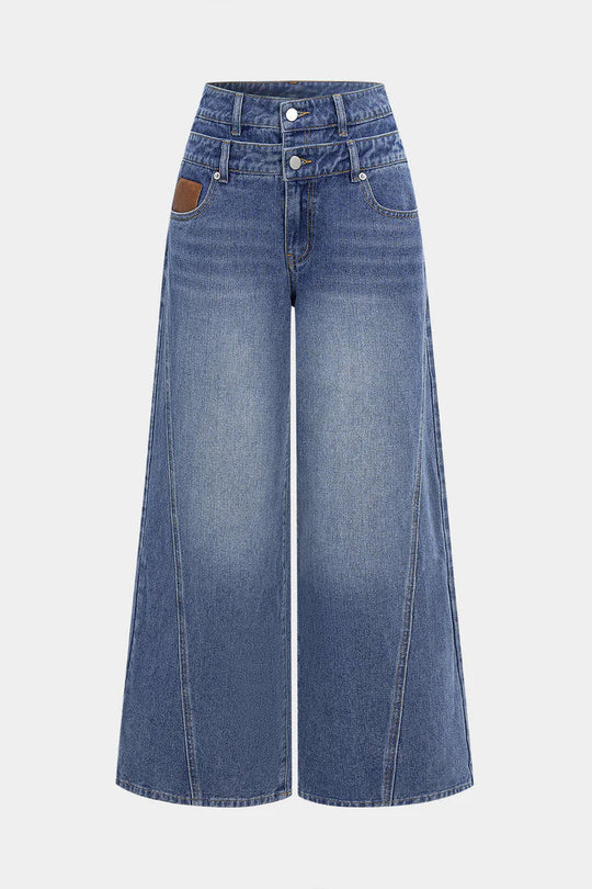 Damen nan hochgeschnittene Doppelbund-Jeansculotte mit weitem Cropped-Bein und sichtbaren Nahtpaneelen EB