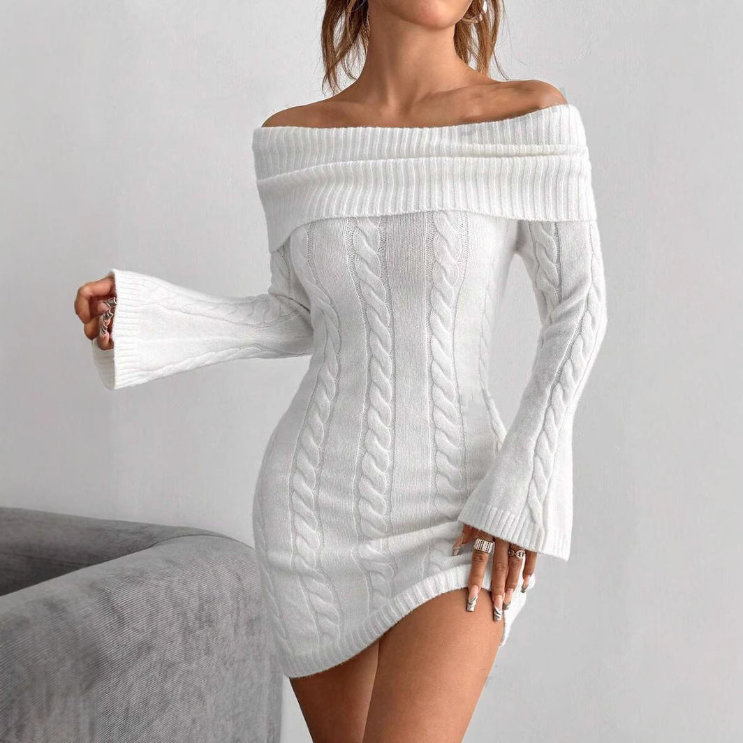 Damen figurbetontes Strickkleid mit weitem Ausschnitt EB