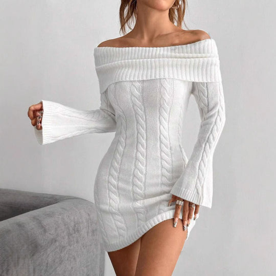 Damen figurbetontes Strickkleid mit weitem Ausschnitt EB