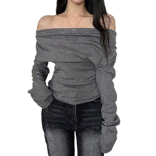 Damen nan asymmetrisches Off-Shoulder Langarmshirt mit taillierter Raffung und schmaler Stretch-Passform EB