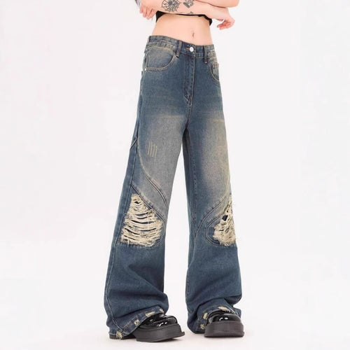 Damen Weite Jeans mit ausgefranstem Design und modischen Rissdetails EB
