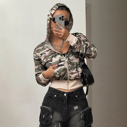 Damen Cargojacke im trendigen Camouflage-Design mit Kapuze und elastischem Bund EB