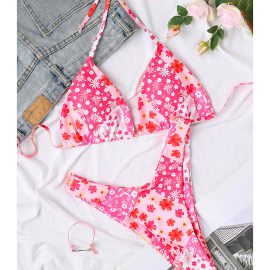 Damen Triangel-Bikini mit floralem Design und hohem Beinausschnitt EB