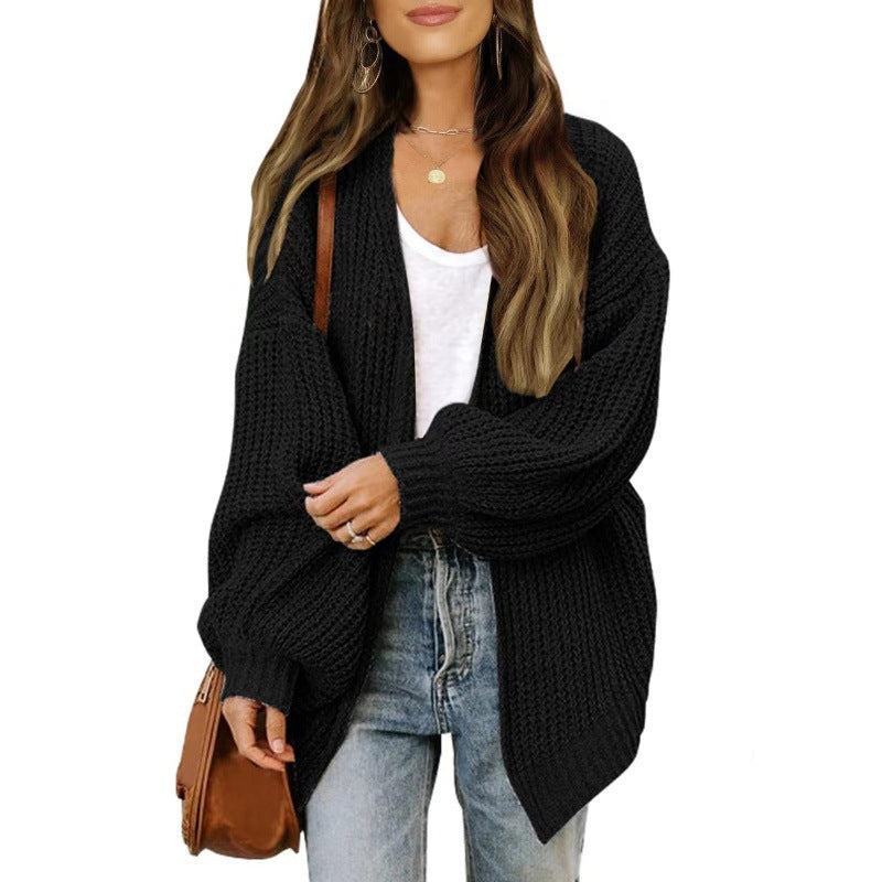 Damen lockerer Strickcardigan mit voluminösen Ärmeln und strukturiertem Design EB