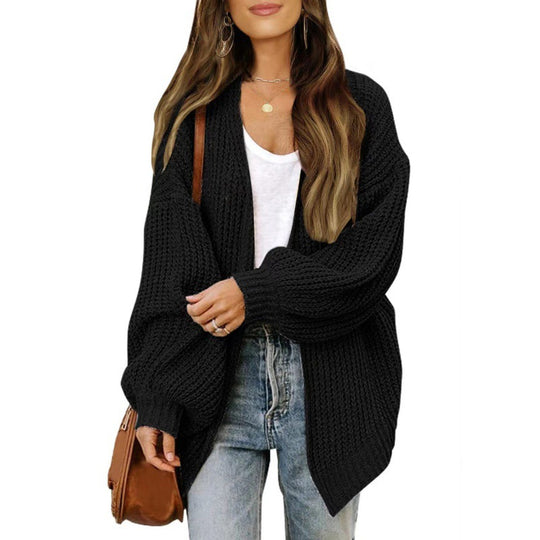 Damen lockerer Strickcardigan mit voluminösen Ärmeln und strukturiertem Design EB