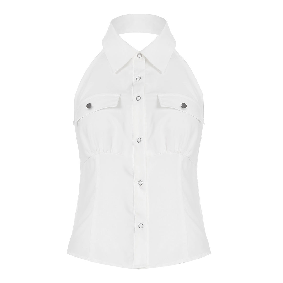 Damen Haltertop mit elegantem Kragen und praktischen Brusttaschen EB