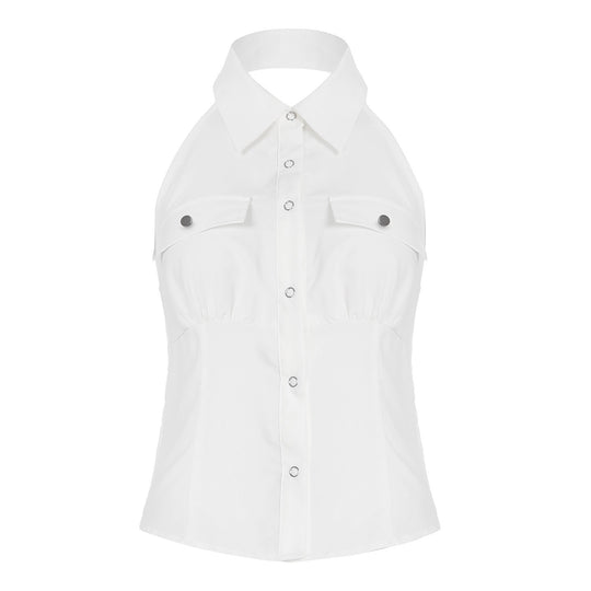 Damen Haltertop mit elegantem Kragen und praktischen Brusttaschen EB