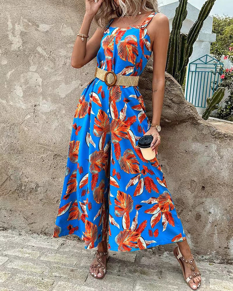 Damen lässiger Jumpsuit mit floralen Prints und breiten Beinen EB