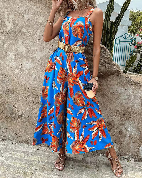 Damen lässiger Jumpsuit mit floralen Prints und breiten Beinen EB