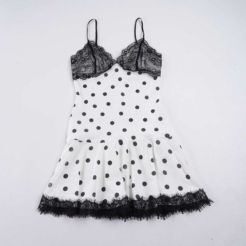 Damen Spitzen-Nachthemd mit Punktemuster und Rüschendetails EB