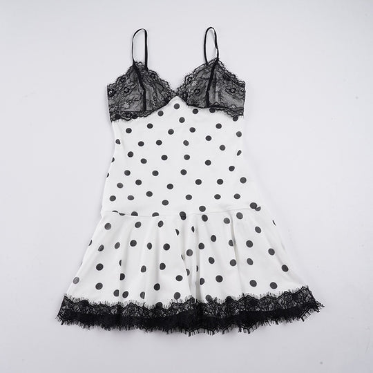 Damen Spitzen-Nachthemd mit Punktemuster und Rüschendetails EB