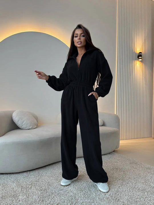 Damen Oversized Loungewear-Jumpsuit mit halbem Reißverschluss und elastischer Taillenraffung EB
