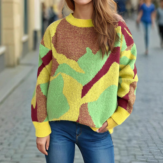 Damen gemütlicher Strickpullover mit modernem Farbblockdesign EB