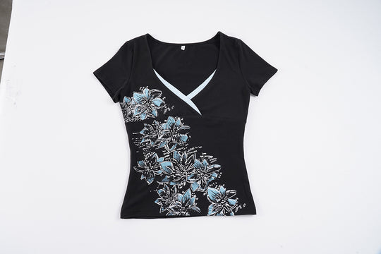 Damen figurbetontes T-Shirt mit floralem Druck und V-Ausschnitt EB