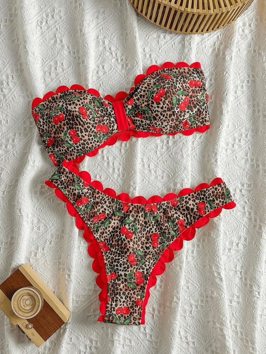 Damen Bandeau-Bikini mit Leopardenmuster und Volants EB