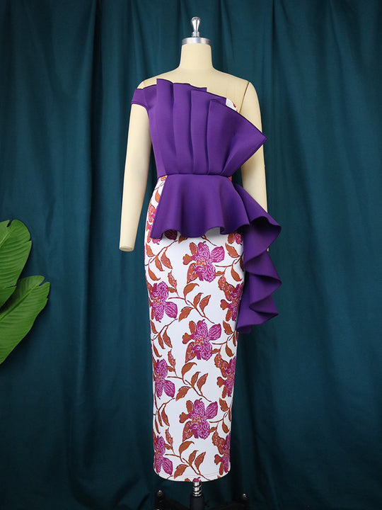 Damen elegantes Kleid mit asymmetrischem Rüschendesign und floralen Mustern EB
