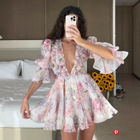 Damen Fließendes Maxikleid mit romantischen Rüschendetails und floralem Muster EB
