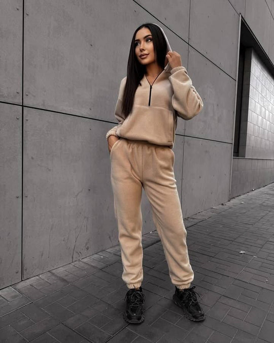 Damen sportliches Fleece-Set mit halbhohem Reißverschluss Kapuzenhoodie und lässiger Jogginghose EB