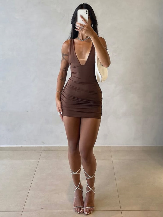 Damen figurbetontes Minikleid mit tiefem V-Ausschnitt und Raffung EB