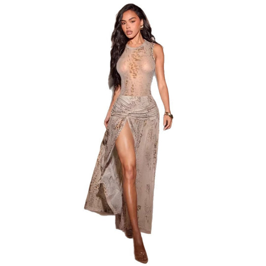 Damen Maxikleid mit raffinierten Drapierungen und hohem Schlitz EB