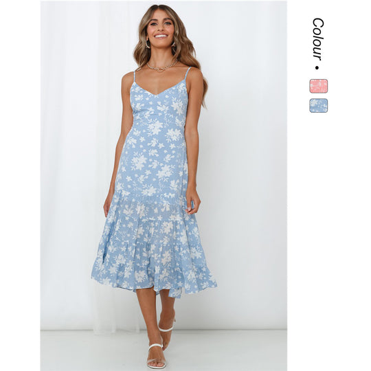 Damen Sommerliches Blumenkleid mit romantischem Volant und Spaghettiträgern EB