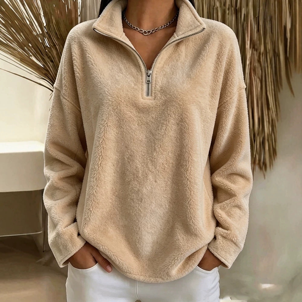 Damen Kuscheliger Fleecepullover mit halbem Reißverschluss EB