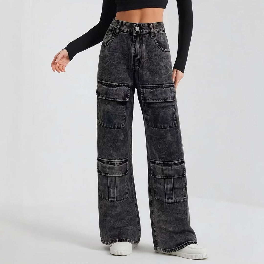 Damen nan High‑Waist Utility-Denimhose mit aufgesetzten Knie-Patches, Cargo‑Taschen und weitem Schlag EB