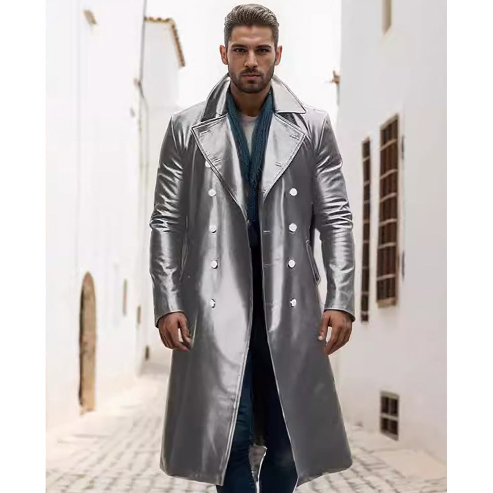 Herren Eleganter, glänzender Trenchcoat mit abnehmbarem Kragen EB