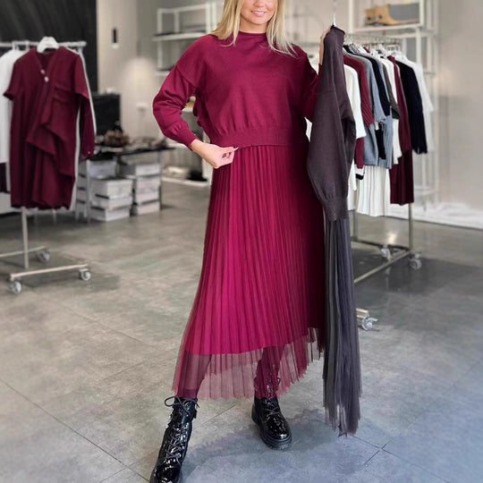 Damen Elegantes Faltenrock- und Pullover Set EB