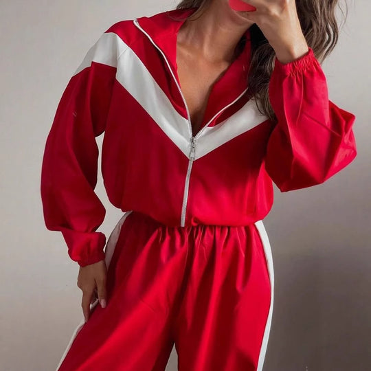 Damen nan Satin-Trackset mit Stehkragen, Chevron-Streifen und Kordelzug EB